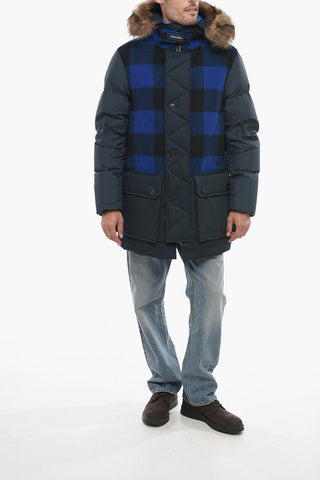 Utility Down Jacket with Buffalo Check Details and Detachable Real Fur Trim