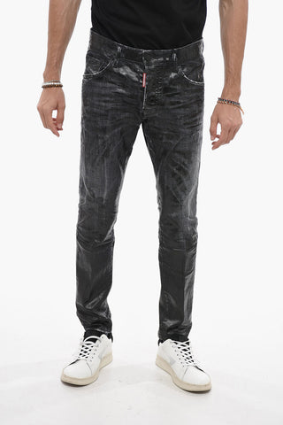 Coated Cotton Skater Jeans With Distressed Detail