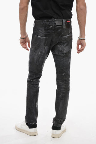 Coated Cotton Skater Jeans With Distressed Detail