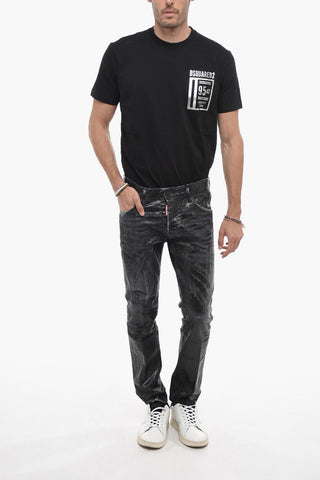 Coated Cotton Skater Jeans With Distressed Detail