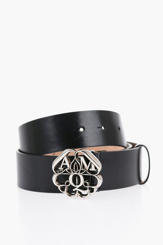 Solid Color Leather Belt with Silver-Tone Buckle 40mm