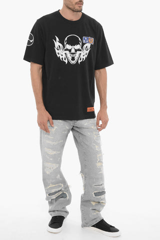 Printed FLAMING SKULL Crew-neck T-Shirt