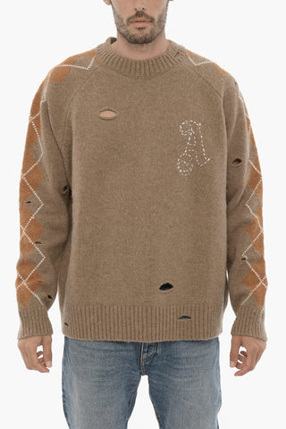 Argyle-Motif Crew-neck Sweater with Cut-Out Details