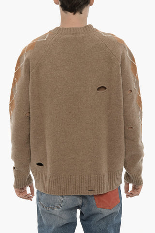 Argyle-Motif Crew-neck Sweater with Cut-Out Details