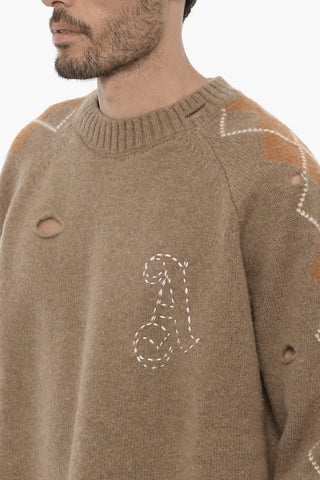 Argyle-Motif Crew-neck Sweater with Cut-Out Details
