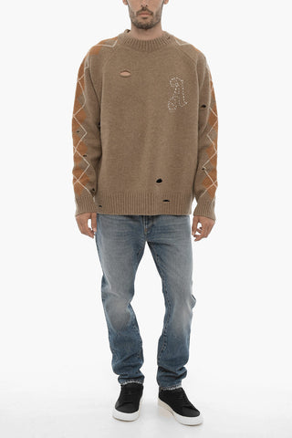 Argyle-Motif Crew-neck Sweater with Cut-Out Details