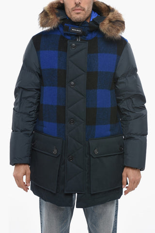 Utility Down Jacket with Buffalo Check Details and Detachable Real Fur Trim