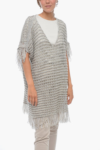 Short-sleeved Flax Blend Crochet Sweater with Fringes