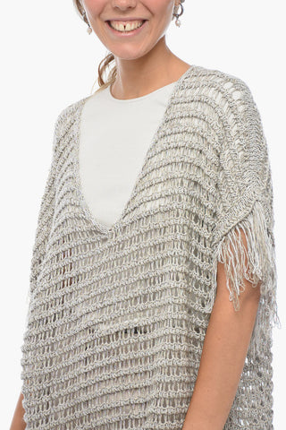 Maglia Crochet a Maniche Corte in Misto Lino con Frange