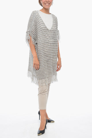Short-sleeved Flax Blend Crochet Sweater with Fringes