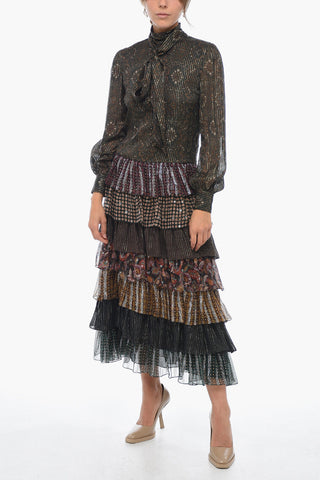 Tie-Neck Silk-Blend Ruffle Dress with Lurex Pattern