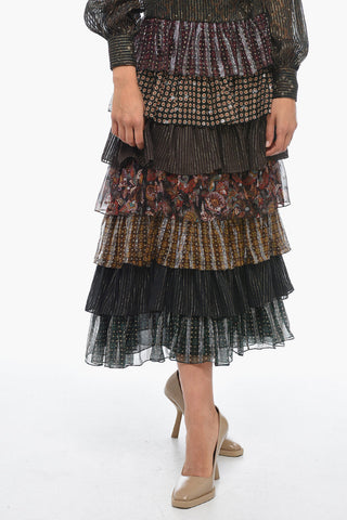 Tie-Neck Silk-Blend Ruffle Dress with Lurex Pattern