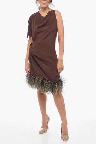 Asymmetric PARIS Silk Dress with Ostrich Feather Hem