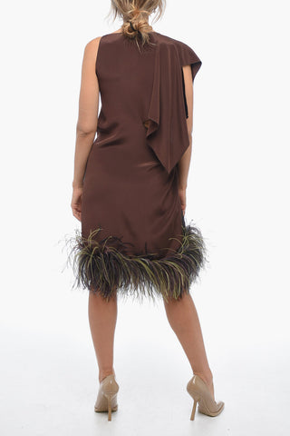 Asymmetric PARIS Silk Dress with Ostrich Feather Hem