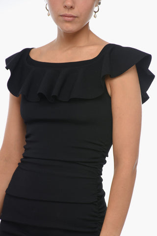 Draped Off-Shoulder Sheath Dress with Frill Detail