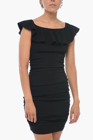 Draped Off-Shoulder Sheath Dress with Frill Detail