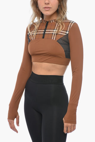 Crop Top Motivo Tartan con Inserti in Mesh