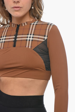Crop Top Motivo Tartan con Inserti in Mesh