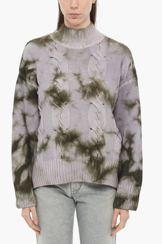 SEASONAL Tie-Dye Effect Turtle-neck Cable Knit Sweater with Cut-Out Details