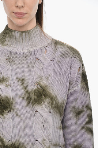 SEASONAL Tie-Dye Effect Turtle-neck Cable Knit Sweater with Cut-Out Details