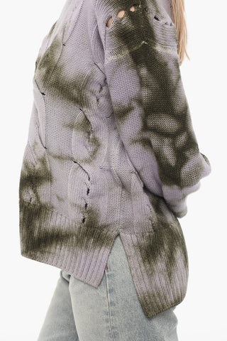 SEASONAL Tie-Dye Effect Turtle-neck Cable Knit Sweater with Cut-Out Details