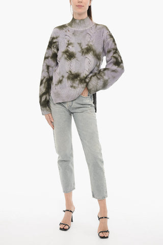 SEASONAL Tie-Dye Effect Turtle-neck Cable Knit Sweater with Cut-Out Details