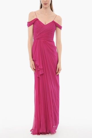 Long Silk Chiffon Dress with Gatherings