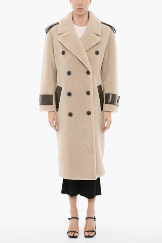 Faux Fur Double Breasted Coat with Faux Leather Details