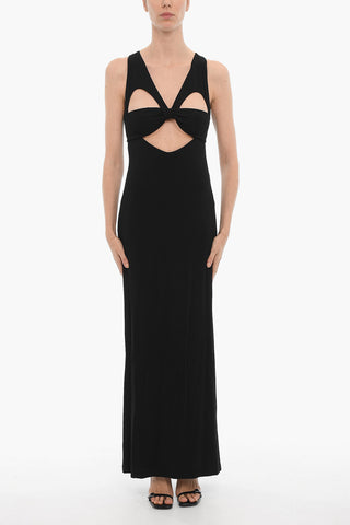 Solid-Color Long Dress with Cut-Out Details and Back Slit