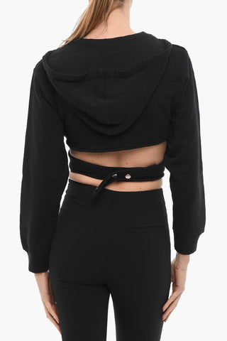 Felpa Hoodie Crop in Tinta Unita da Avvolgere in Vita
