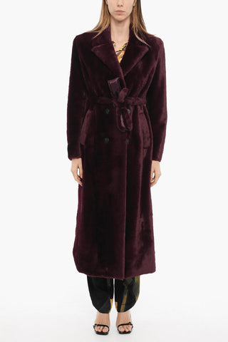 Faux Fur Double-Breasted Coat with Belt
