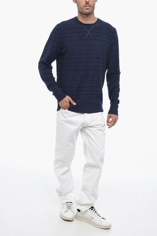 Cotton and Linen YARN Crew-Neck Sweater with Ribbed Cuff Sleeve