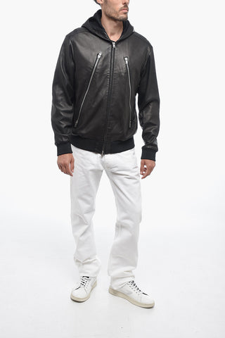 MM10 Leather Bomber Jacket with Hood