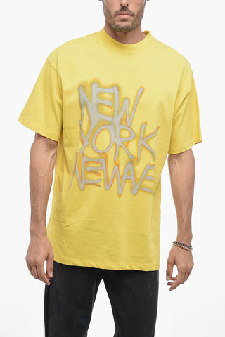 BASQUIAT Solid Color Crew-neck T-Shirt with Graffiti Print