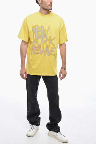 BASQUIAT Solid Color Crew-neck T-Shirt with Graffiti Print
