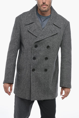 Wool Double Breasted Coat with Herringbone Motif