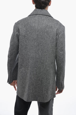 Wool Double Breasted Coat with Herringbone Motif