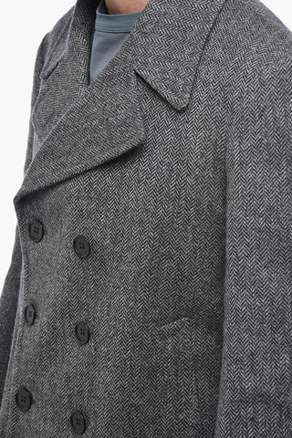 Wool Double Breasted Coat with Herringbone Motif