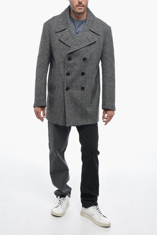 Wool Double Breasted Coat with Herringbone Motif