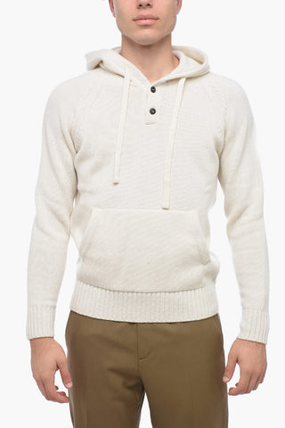 Virgin Wool Hoodie with Buttoned Neck