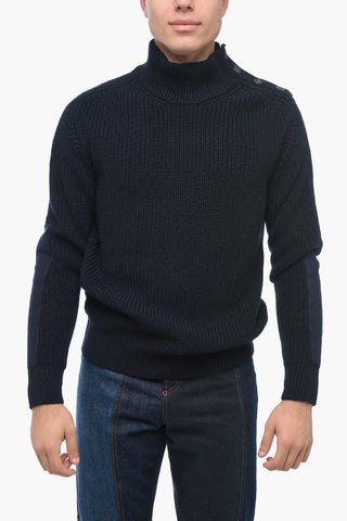 Wool Blend Pullover with Buttoned Neck and Cloth Patches