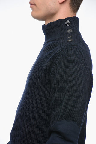 Wool Blend Pullover with Buttoned Neck and Cloth Patches