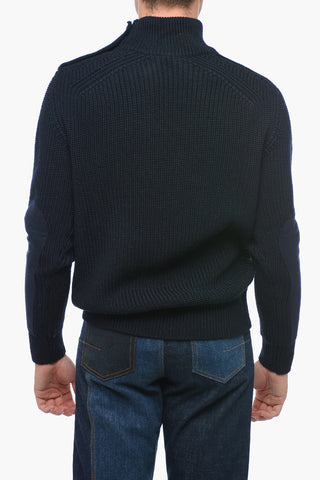 Wool Blend Pullover with Buttoned Neck and Cloth Patches