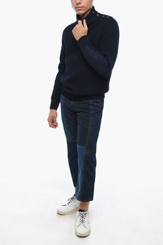 Wool Blend Pullover with Buttoned Neck and Cloth Patches