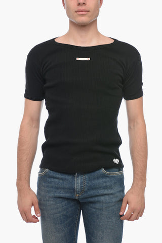 T-Shirt in Cotone a Coste con Dettaglio Hole