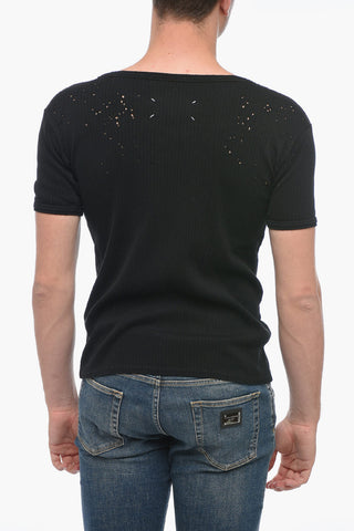 T-Shirt in Cotone a Coste con Dettaglio Hole