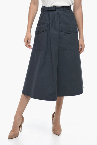 Belted Midi Flared Skirt with Utility Pockets