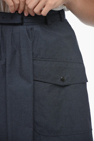 Belted Midi Flared Skirt with Utility Pockets