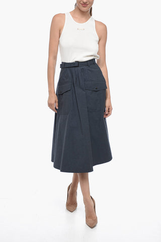Belted Midi Flared Skirt with Utility Pockets