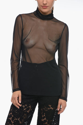 Top a Collo Alto in Mesh con Zip Posteriore